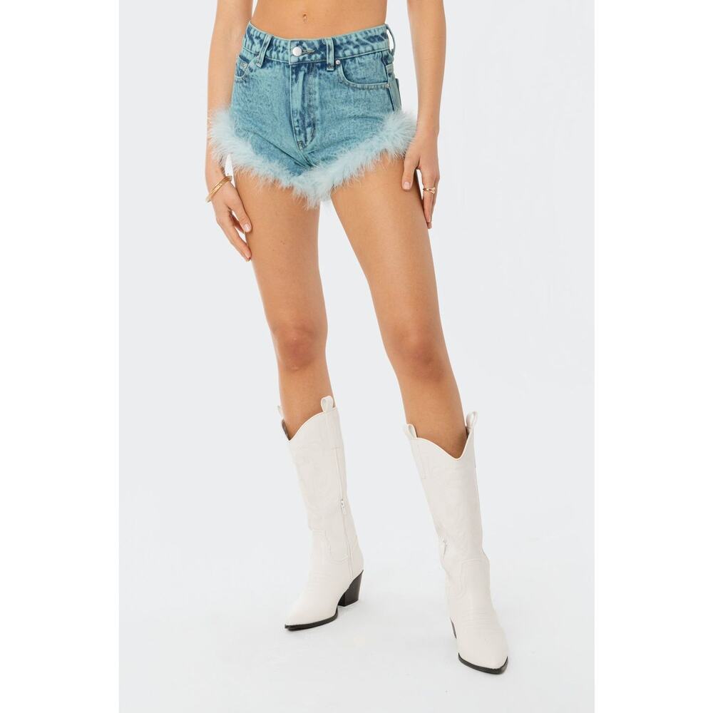 EDIKTED Feather Trimmed Denim Shorts Size L
